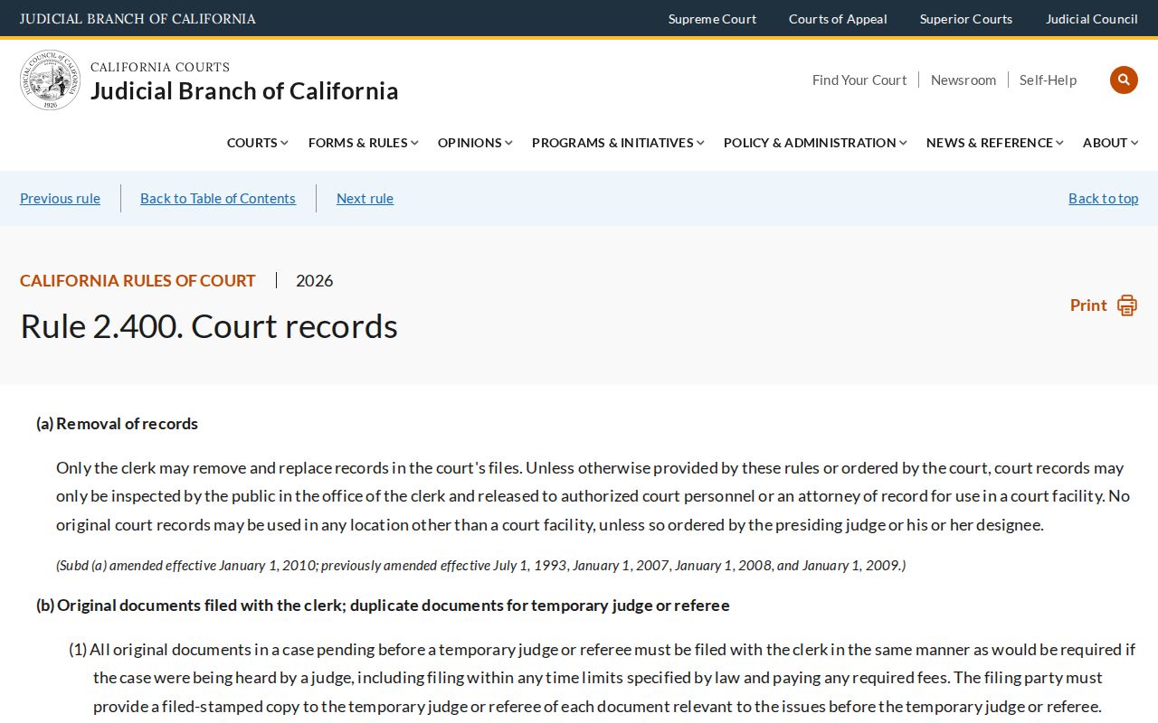 California Rules of Court public access rules webpage