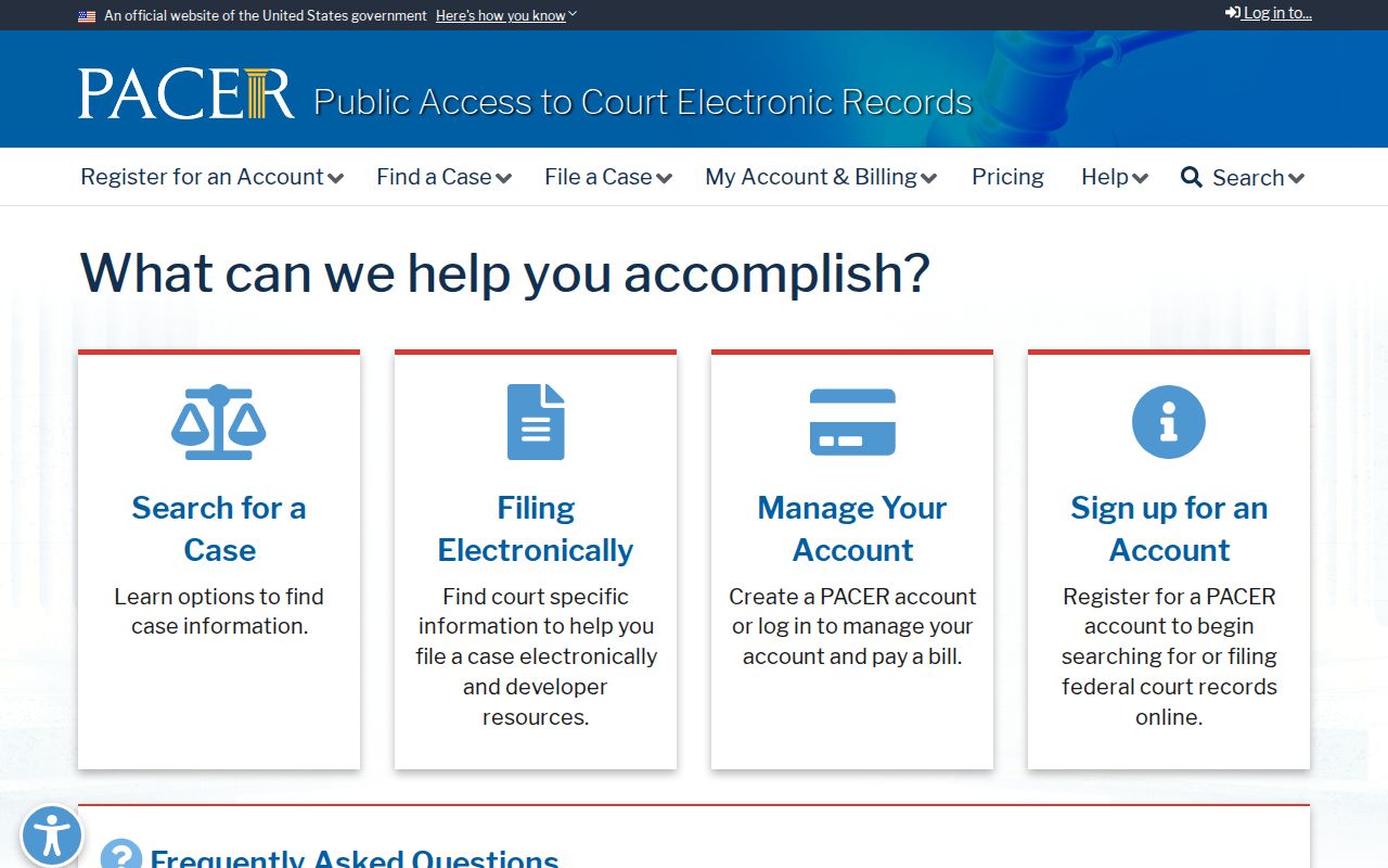 PACER federal court records service webpage