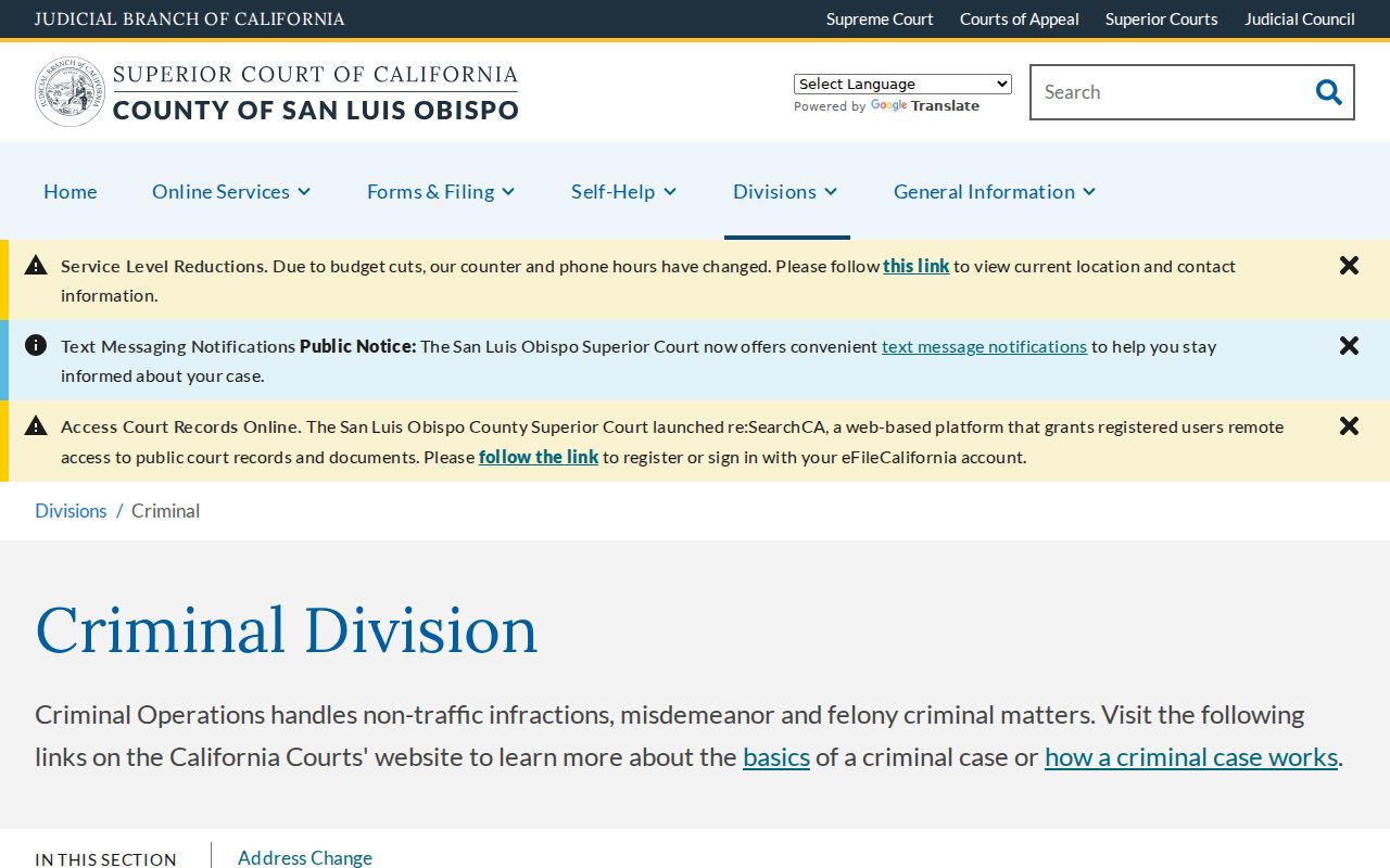 San Luis Obispo Superior Court criminal division webpage