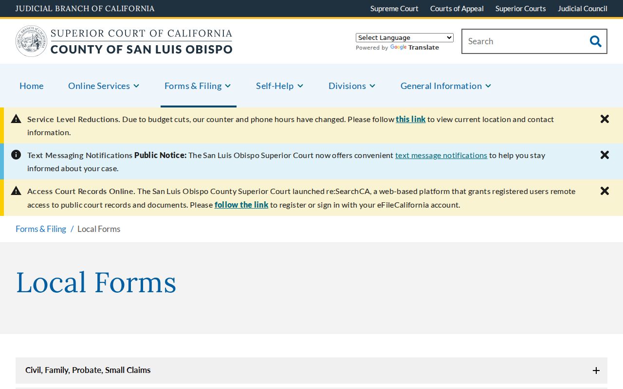 San Luis Obispo Superior Court local forms webpage