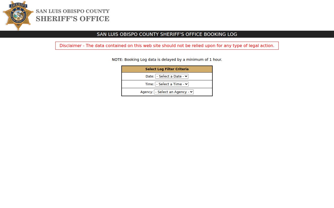 San Luis Obispo County Sheriff public booking log search